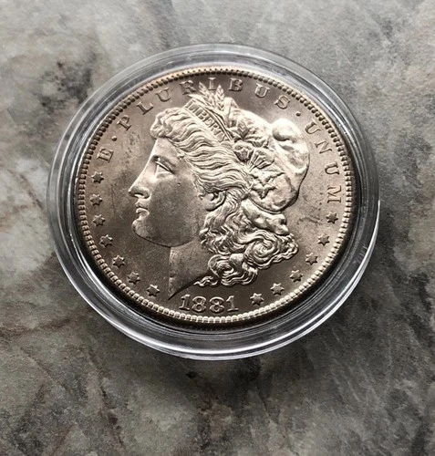 1881-S MORGAN SILVER DOLLAR IN BU PROOF LIKE REVERSE.