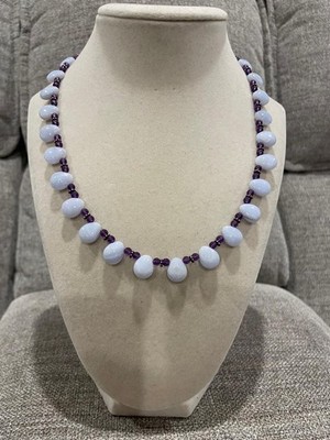 Blaue Spitze Achat Amethyst Perlen Halskette 925 Sterling Silber verstellbar