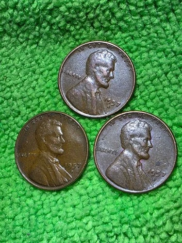 (3) 1957-D  MAJOR ERROR! "BIE" WHEAT PENNIES   NICE XF COINS!!!