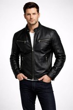 Mens Black Genuine Leather Jacket Biker Motor...