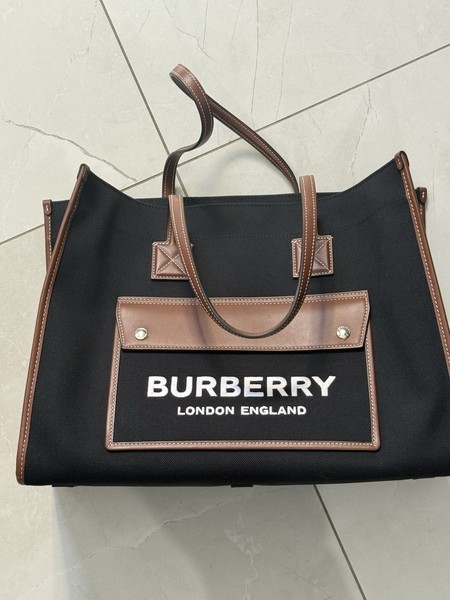 Burberry Logo Canvas Tote Bag Leather Trim Black/Brown Large Inner Pockets