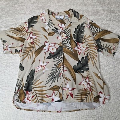 Erin London Button Up Shirt Beige Medium Hawaiian Tropical Floral Short Sleeve