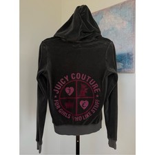 Vintage Y2K Juicy Couture Velour Zip Hoodie Gray Pink Glitter Large USA Womens