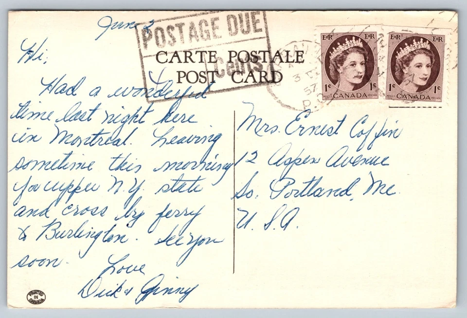 Montreal Quebec Windsor Hotel Postcard QC Posted 1957 Postage Due - Image 2 of 3