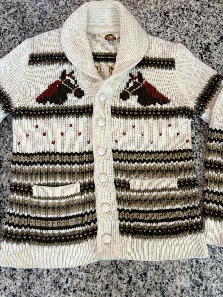 Cárdigan tejido grueso caballo ecuestre MILLER vintage años 70 Cowichan XL occidental usado en excelente estado Foto 4 de 4