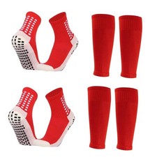 2 Set Kids Grip Soccer Socks with Shin Guard Sleeves, Anti-Slip for 2 Set: Red