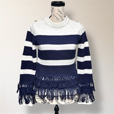 NWT English Factory Anthropologie XS Navy White Striped Fringe Sweater Nautical