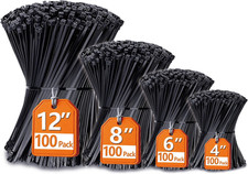 Zip Ties Assorted Sizes 4 6 8 12 , 400 Pack, Black Cable Ties, UV Resistant