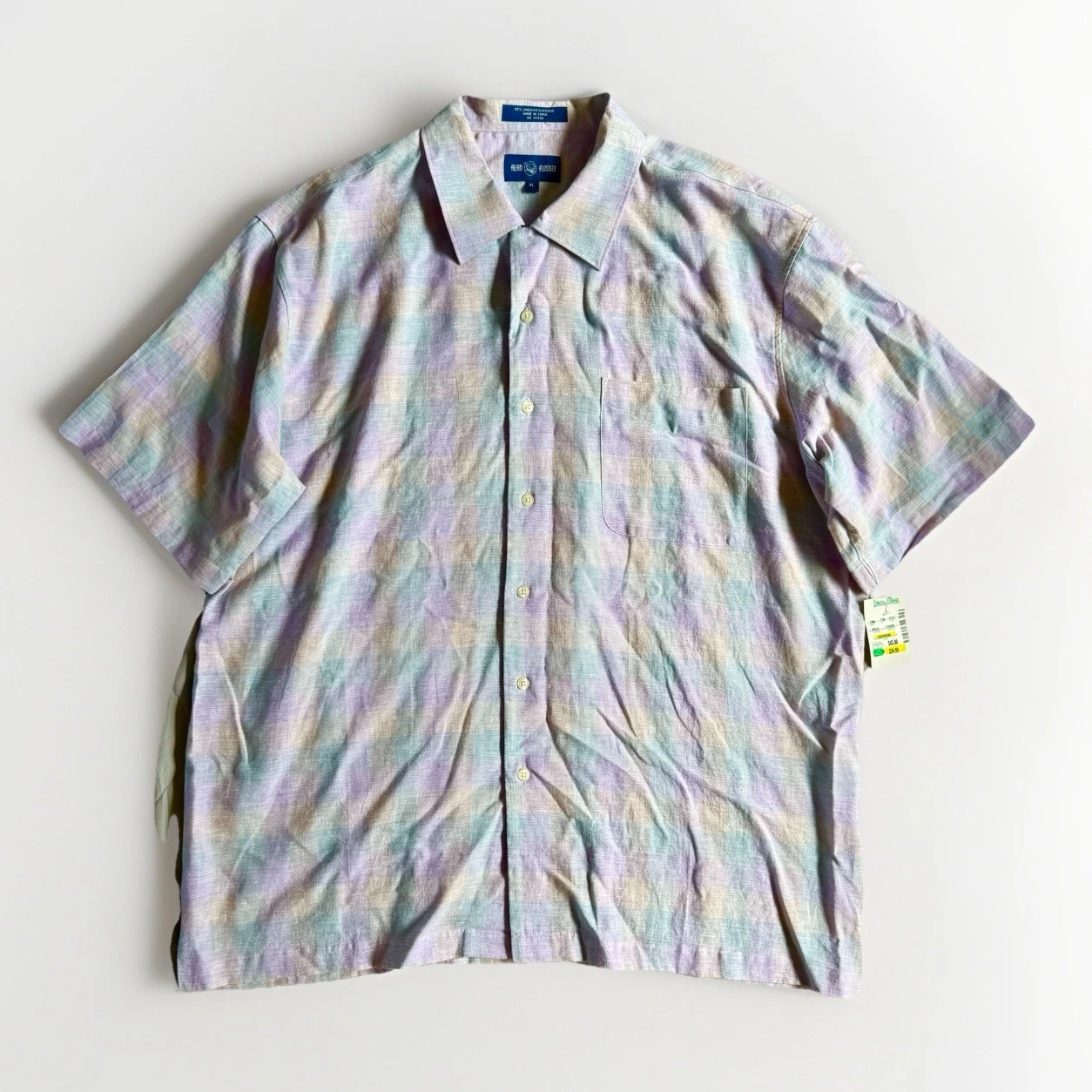 NWT Alan Flusser Vintage Linen Viscose Button Shirt Men XL Gingham Pastel Preppy