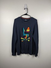 Psycho Bunny Navy Blue Dyckman Cotton Sweater Colorful Artsy Logo Men's Large