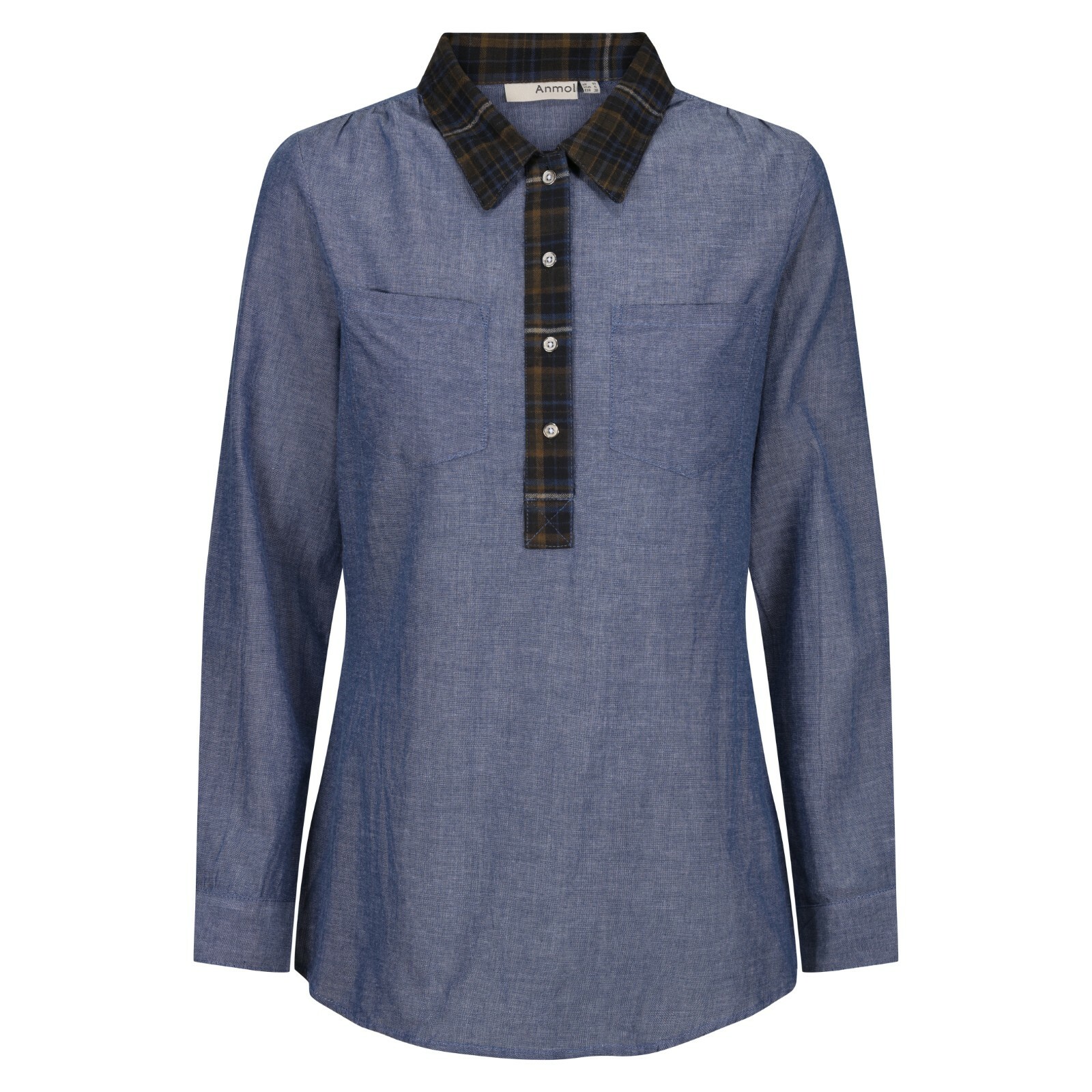 Womens Blue Cotton Shirt Blouse Top Chambray Quarter Button Anmol BNWT Size 22