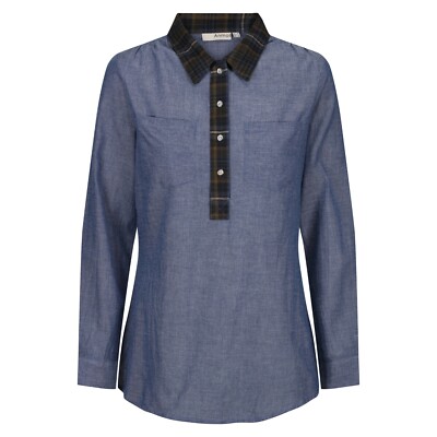 Womens Blue Cotton Shirt Blouse Top Chambray Quarter Button Anmol BNWT Size 14