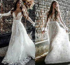 Floral Lace A Line Wedding Dresses Long Sleeve Deep V Neck Nude Boho Bridal Gown