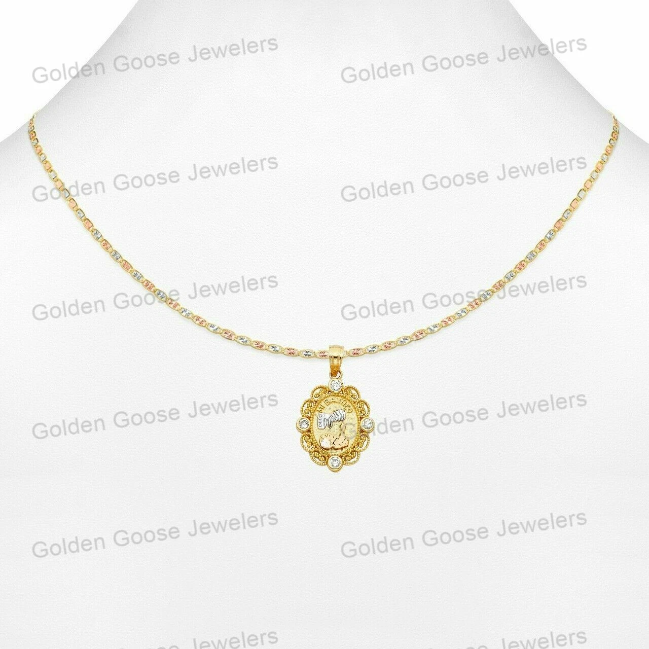 Ciondolo Charm Religioso Battesimo Oro 14KT Tricolore Zirconi Catena Valentino