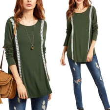 Womens Long Sleeve O-Neck T-shirts Tee Casual Green T-shirt Blouse Loose Tops