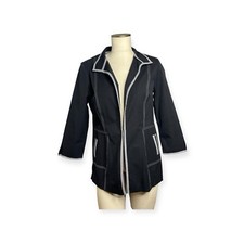 MING WANG Black Gingham Contrast Trim Stitch Zip Pockets Blazer Jacket Sz S