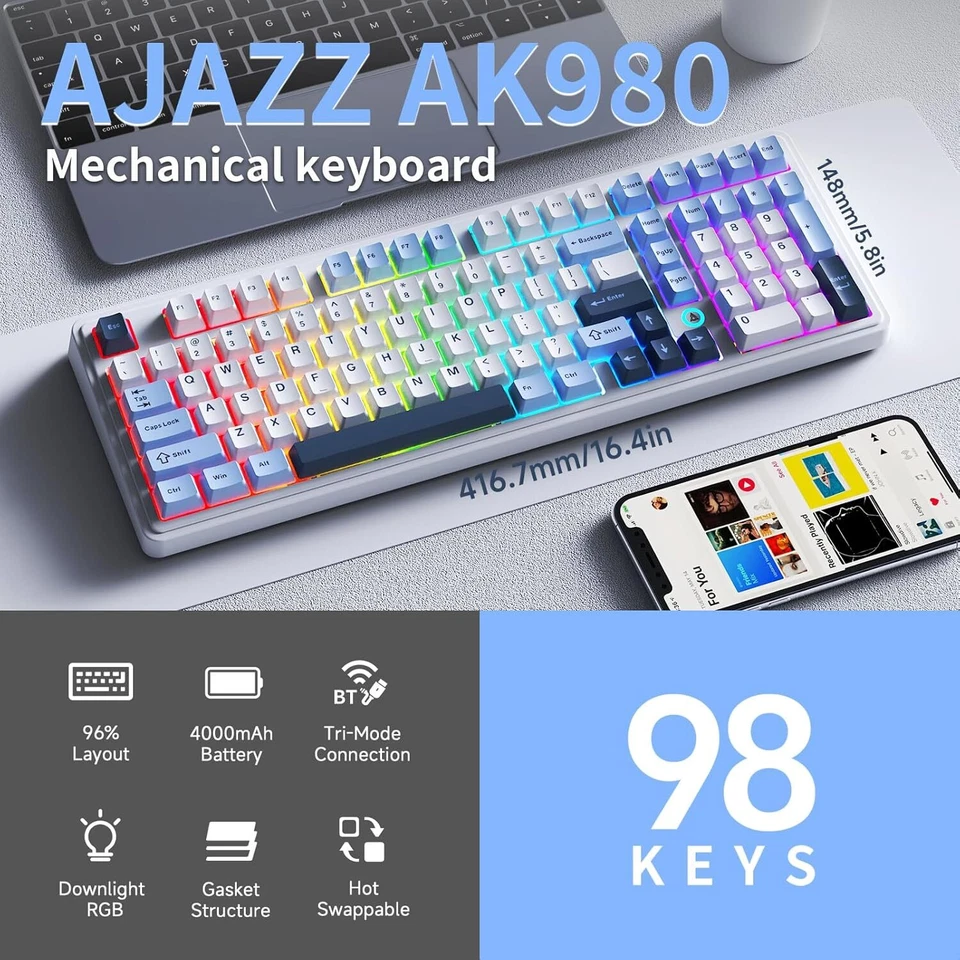 NACODEX Ajazz AK980 Blue White Wireless Mechanical Gaming Keyboard,Tri-Mode BT5. - Image 2 of 4