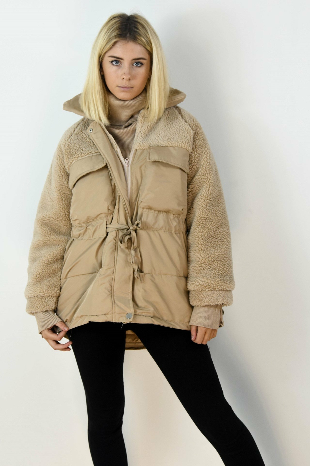 Ladies Borg Teddy Sleeves Puffer Padded 