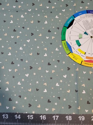 Hearts Stars Dots On Green Gray Cotton Quilt Craft Fabic OEKO-TEX QjiTie 1 Yard