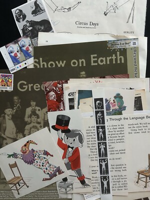 CIRCUS / CLOWN theme 31 vintage /new book pages cut outs music sheets, stamps