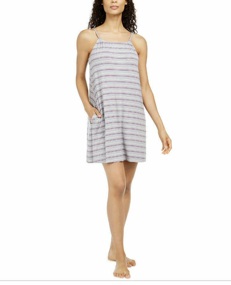 Alfani Ultra Soft Keyhole Printed Chemise Knit Nightgown short Gown Gray XS  grey