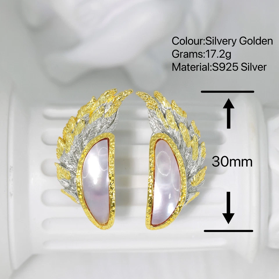 S925 Silver Italian Craft Mabe Pearl Feather  Earrings ,Gold-Plated - Image 2 of 4