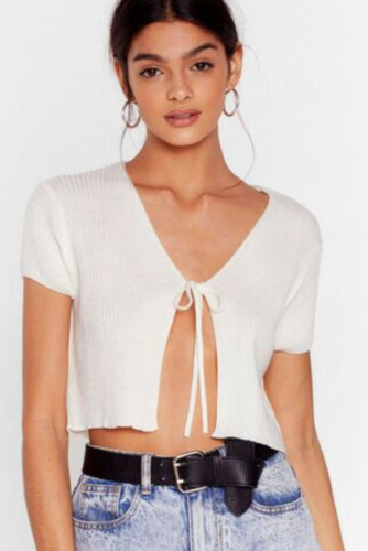 NWT Nasty Gal Tie Up Loose Ends Cropped Short Sleeve Cardigan Cream Small |  eBay