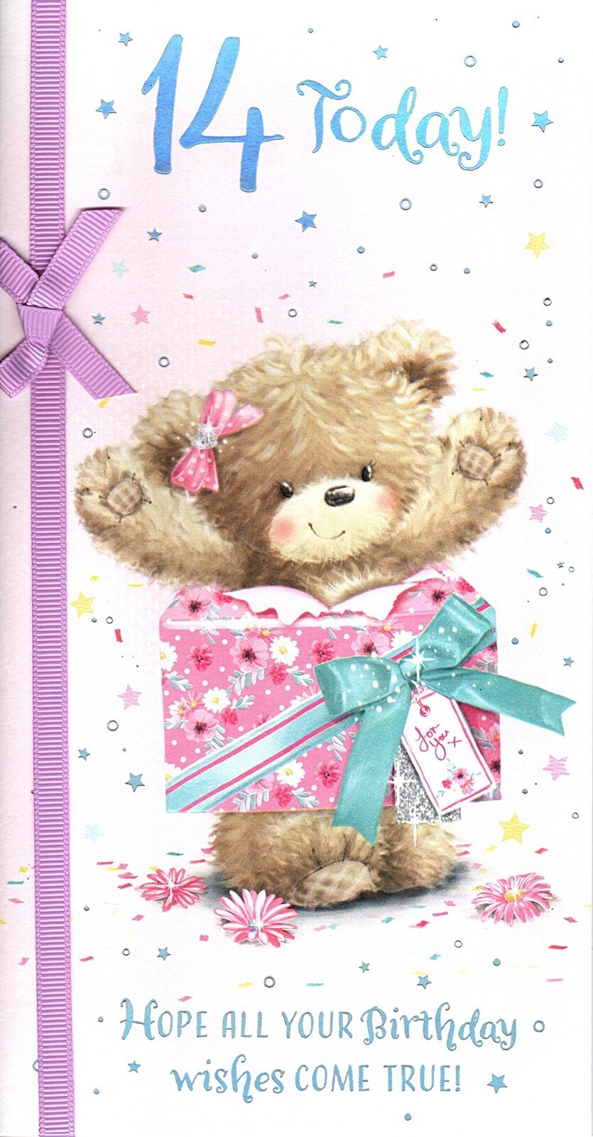 Happy 14th Birthday Card 14 Today Cute Bear in Present Silver Foil