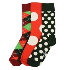 HAPPY SOCKS 3 Pack ARGYLE POLKA DOT Holiday Cotton Crew Sock Gift Set 8-12 NEW