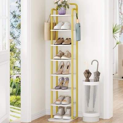 Hzuaneri 8 Tiers Vertical Shoe Rack Narrow Shoe Tower Tall Shoes Shelf 2 Hooks