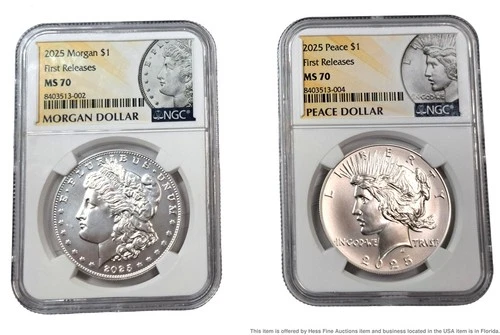 Fine Silver 2025 Morgan Peace Dollar Coins 2 Pc Set MS 70 NC First Releases