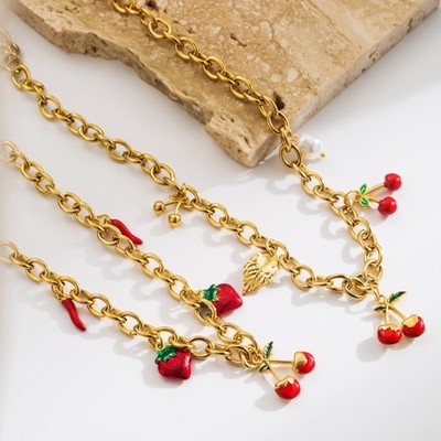Vibrant Red Fruit Charm Adjustable Chain Lightweight Collarbone Necklace For