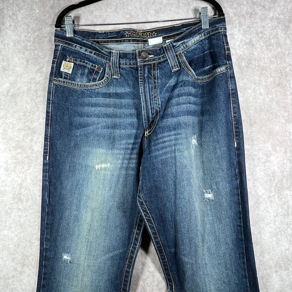 Cinch Dally White Label Jeans Men 35X34 Blue Denim Dark Wash Distressed Straight - Image 2 of 4