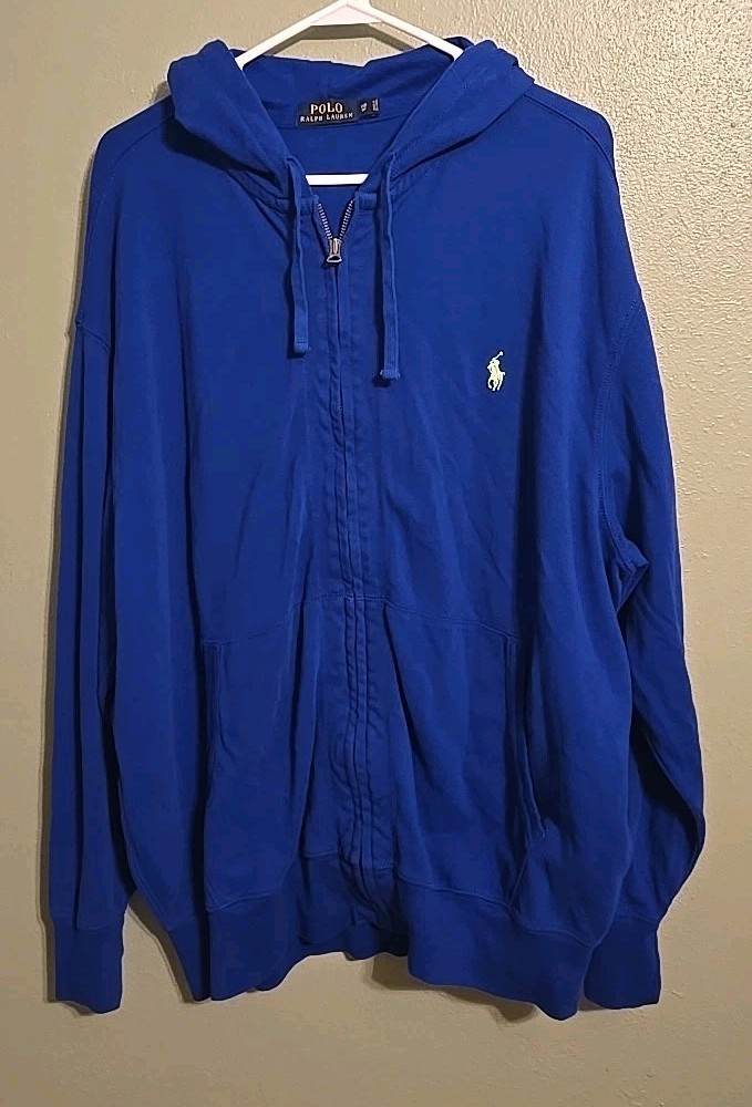 Polo Ralph Lauren felpa con cappuccio uomo 1XB blu grande full zip tasche giallo pony