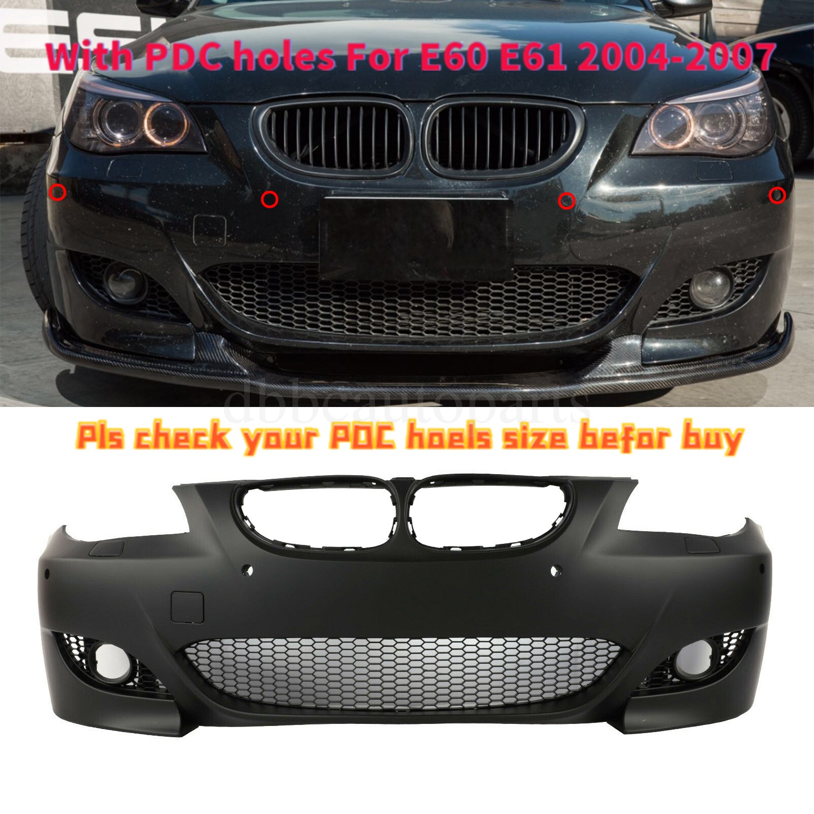 For BMW E60 E61 525i 550i M5 Style Front Bumper Cover With PDC Holes 23mm 04-07