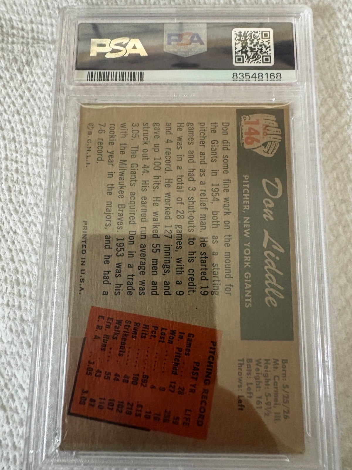 Vintage 1955 Bowman Baseball Card Don Liddle New York Giants PSA Graded MLB view 2