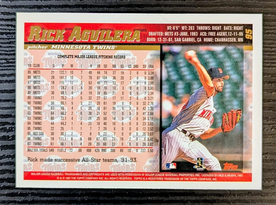 1998 Topps Rick Aguilera #95 **ERROR** No Name or Logo Gold Foil - NM/MT - Twins - Изображение 2 из 4