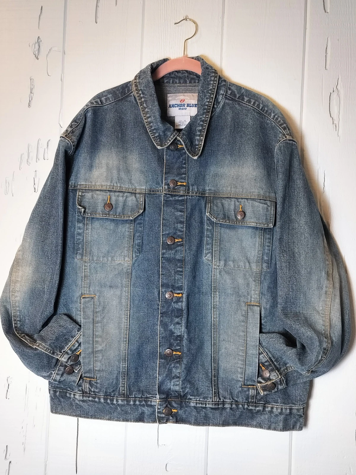 Y2K Anchor Blue Dark Blue Destress Denim Jacket Sz M/Gorpcore/Vtg Urban Flare