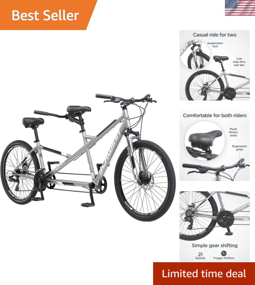 Schwinn Twinn Adult Tandem Bicycle - 26' Wheels, Ergonomic D