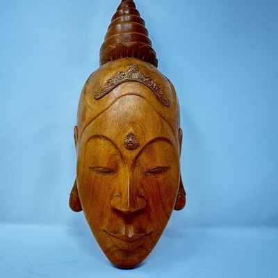 Vintage Balinese Wood Mask, Hand Carved Buddha Dewi Danu Wall Art, 16.5'' Goddess