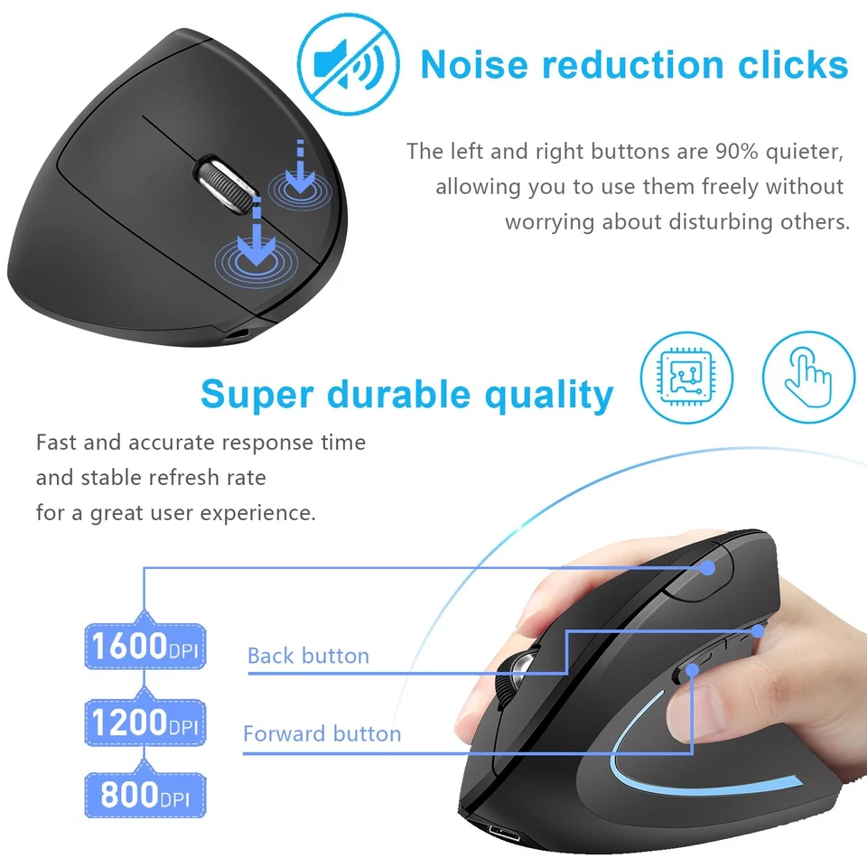 Vertical Ergonomic Mouse, Rechargeable, 2.4G, BT, USB C, 1600DPI, 6 Button - Image 4 of 4