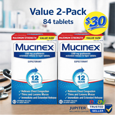 Mucinex 1200mg Maximum Strength Expectorant, (2 boxes) 42 Tablets ea Exp 1/2028