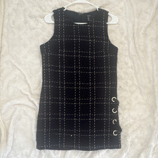 Forever 21 Black/Ivory Plaid Tweed Sleeveless Lace-Up Zip Shift Mini S