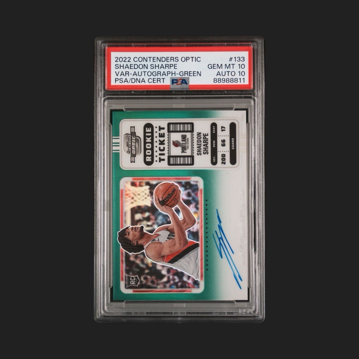 2022 Contenders Optic Shaedon Sharpe Green Var Rookie Auto RC #/75 PSA 10/10