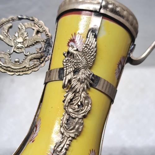 Old Tibetan Silver Handpainted Porcelain Teapot Figural Dragons Phoenix Monkey - Picture 4 of 13