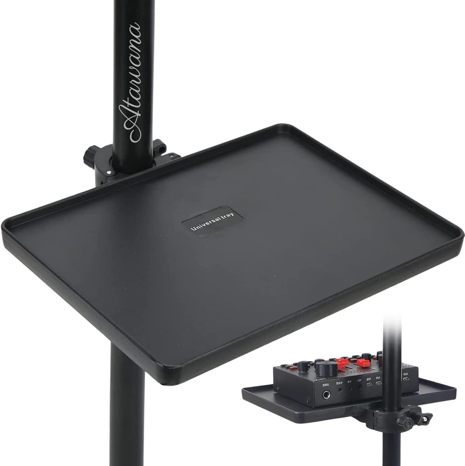 Universal Microphone Stand Tray, Adjustable Mic Stand Clamp-On Utility Shelf Rac
