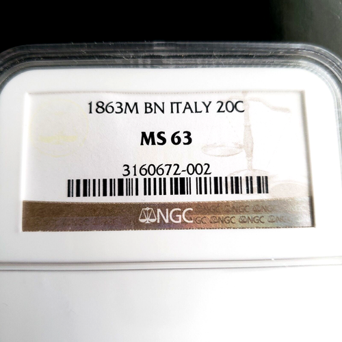 1863 Italy Kingdom 20 Centesimi Victor Emmanuel Silver Coin NGC MS 63 High Grade - Picture 2 of 6