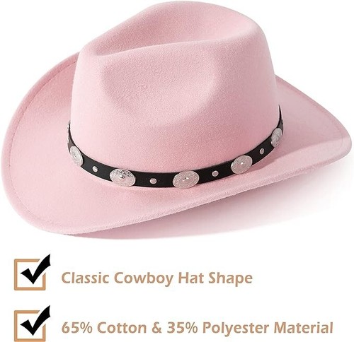 Light Pink Western Cowboy, Cowgirl Hat, Silver Strap, Women Retro Wide Brim - Picture 3 of 8