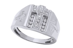 Authentic 1/10ct Natural Diamond Beaded Cross Ring 14K White Gold Plated Sterling Silver