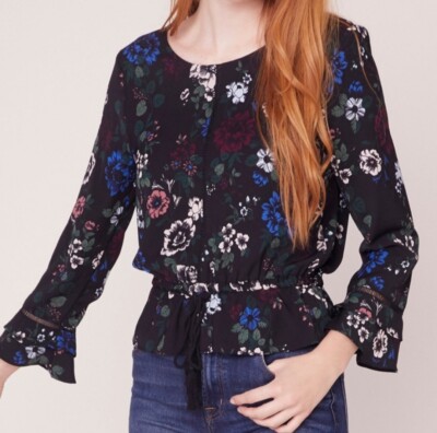 Jack By BB Dakota Blouse Black Floral  Long Ruffle Sleeves Pullover Size S NEW